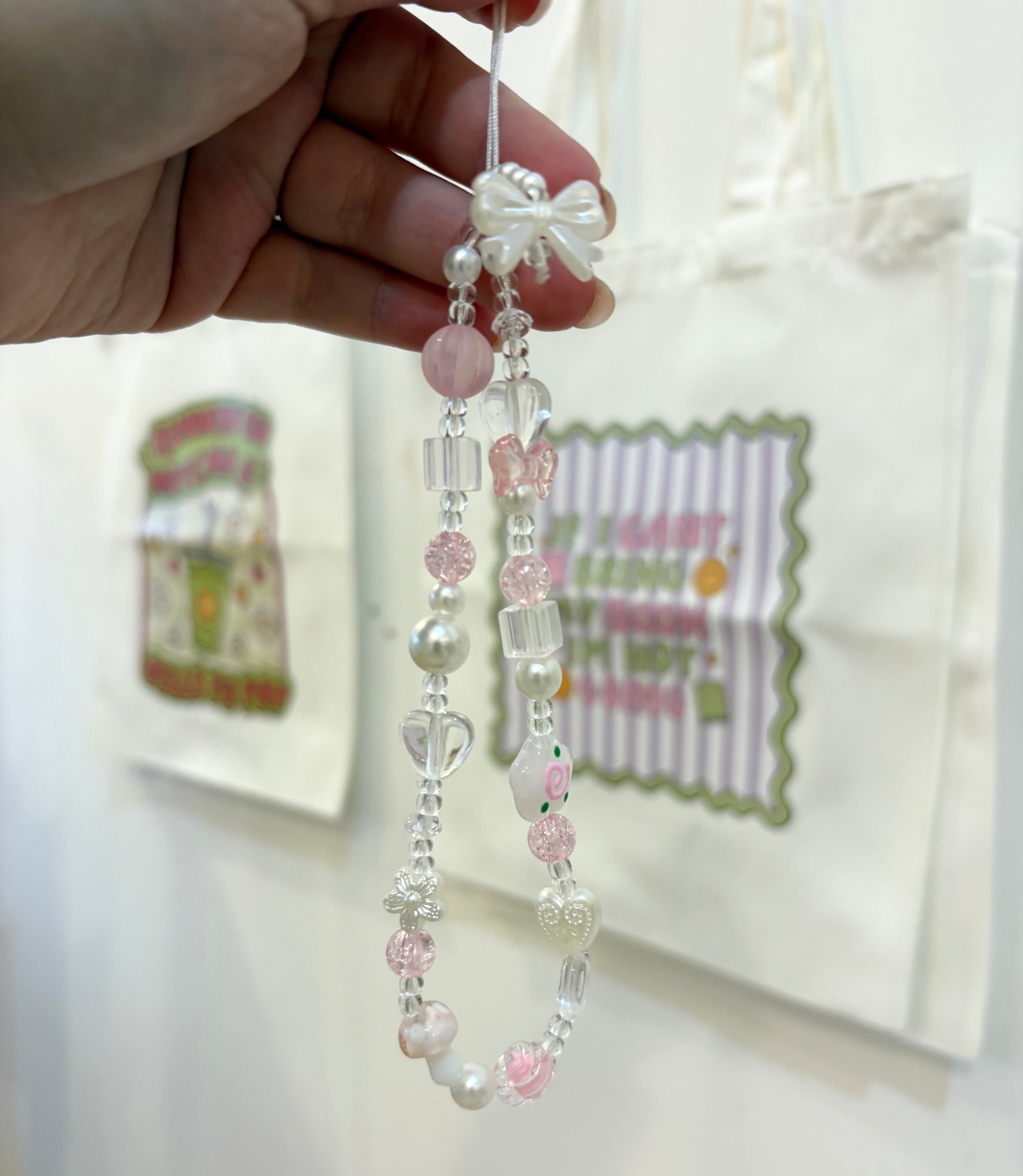 White and Pink Bow Phone Charm